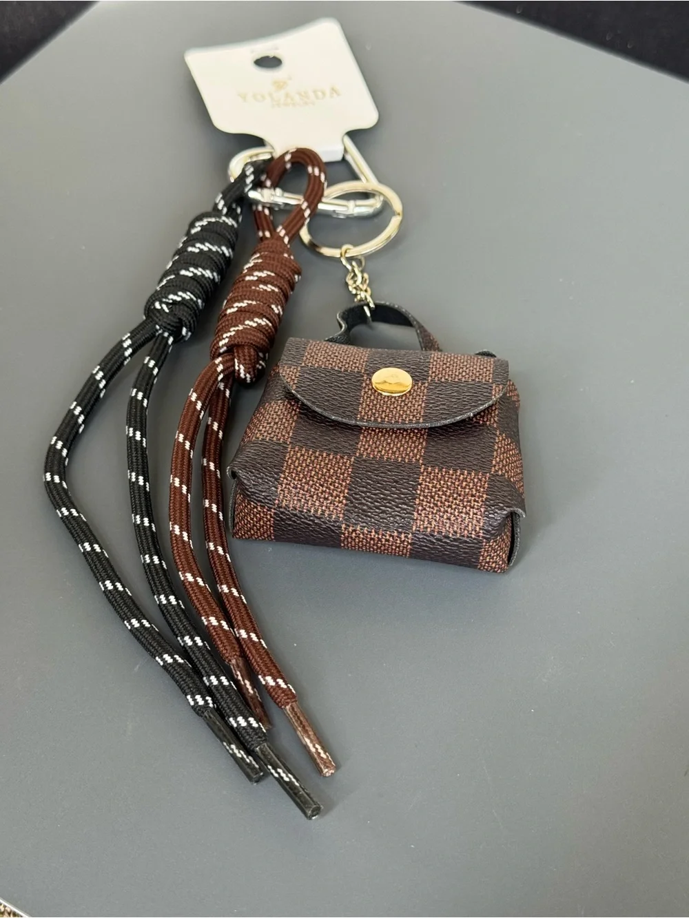 Mini Checkered Brown Faux Leather Bag Keychain